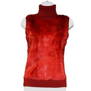 BCBGMaxAzria Red Wool Blend Fur Turtleneck Sweater Vest Sz Small Sleeveless Knit